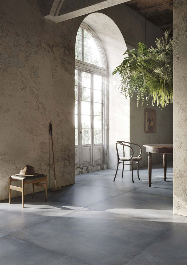 Fresco Keramische Tegel 60x120cm in blauwgroene tint met patroon. Unieke woonkamer tegel en keukenvloer voor een luxe interieur.