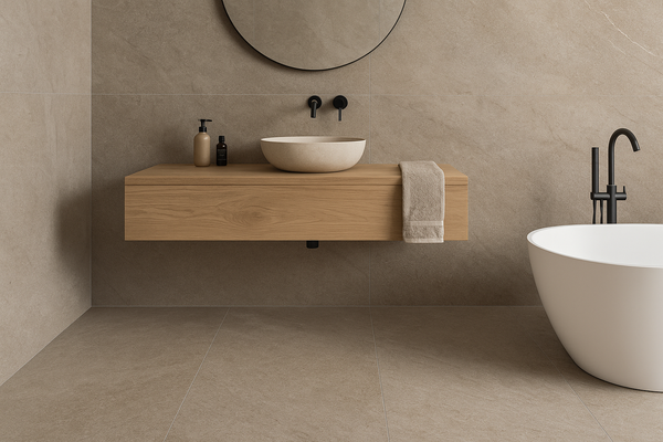 Slab tegel Newstone Taupe 100x300 cm toegepast op vloer en wand in een moderne badkamer met voegloos design en warme, natuurlijke uitstraling.
