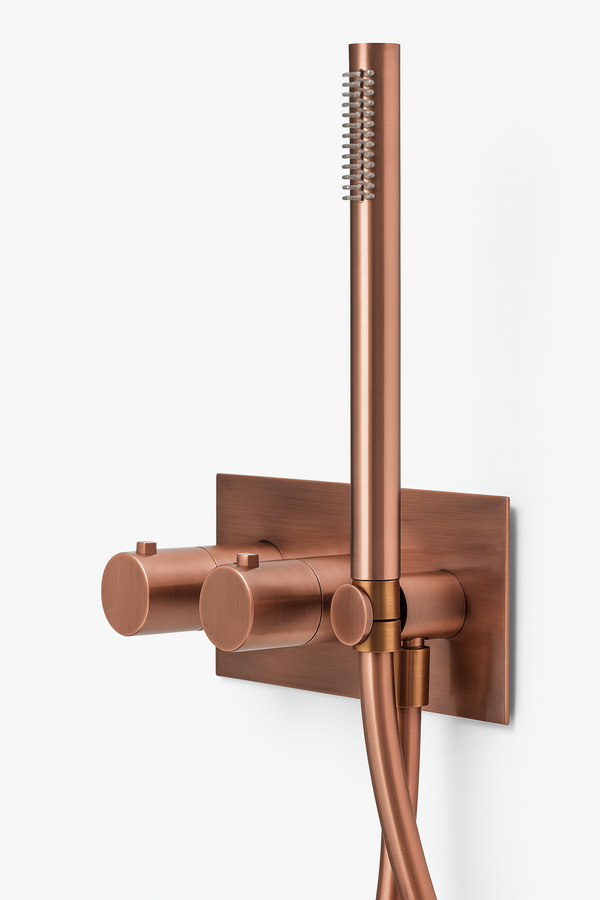 Luxe stortdouche inbouw doucheset met thermostaatkraan Brondby in geborsteld brons – compleet met ronde regendouche en handdouche.