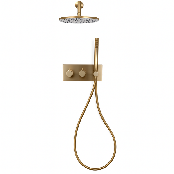 Stortdouche inbouw doucheset Brondby met thermostaatkraan in geborsteld goud – modern design en ideaal voor luxe badkamerprojecten.