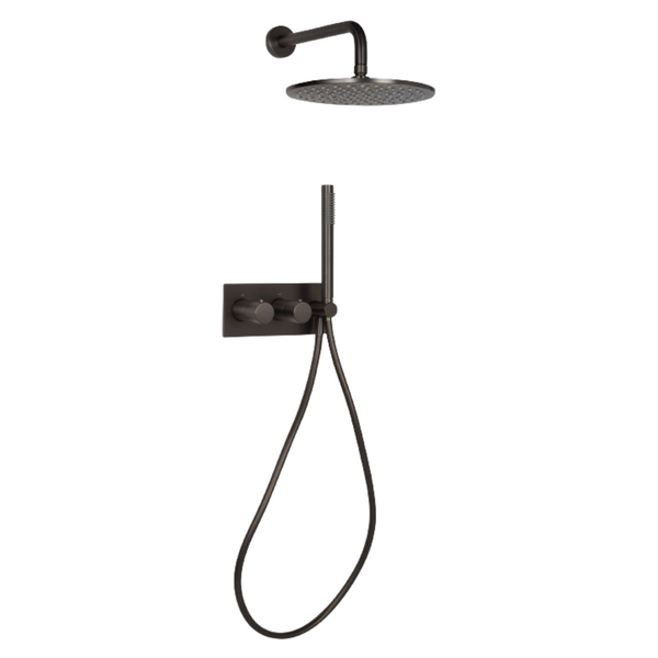 Complete regendoucheset Brondby in gun metal – met ronde stortdouchekop, handdouche en inbouw thermostaatkraan in strak donker design.