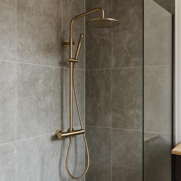 Stortdoucheset met thermostaatkraan in geborsteld goud gemonteerd in een moderne badkamer met grote grijze wandtegels en een glazen douchewand.