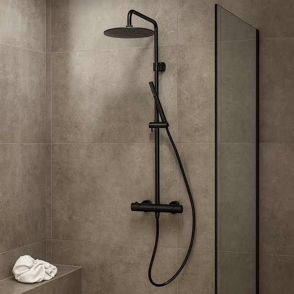 Stortdoucheset met thermostaatkraan in gunmetal afwerking geïnstalleerd in een moderne badkamer met grijze wandtegels, glazen douchewand en minimalistisch interieur.