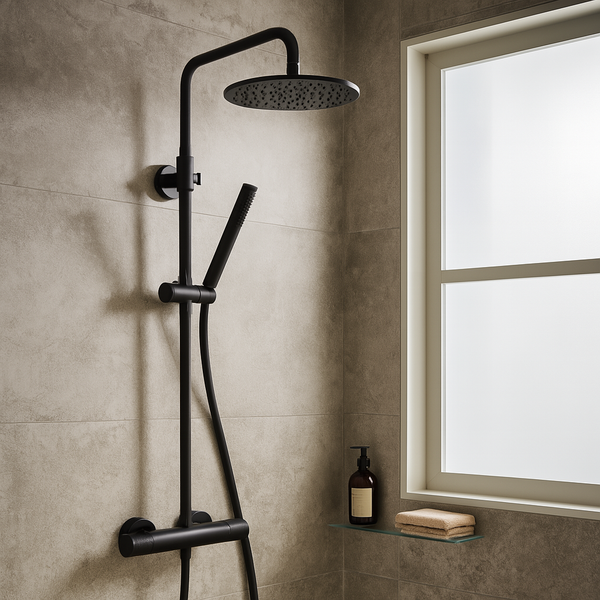 Mat zwarte stortdoucheset met thermostaatkraan gemonteerd op een moderne grijs betegelde badkamerwand, met een glazen planchet en een mat raam voor natuurlijk licht.