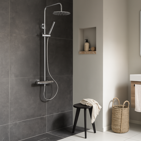 Moderne inloopdouche met chroom regendoucheset en thermostaatkraan, gemonteerd op donkere wandtegels in een stijlvolle badkamer met houten accenten.