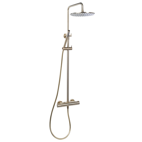 Stortdouche set met thermostaatkraan Brondby in geborsteld goud met luxe regendouche, handdouche en thermostaatkraan voor een gouden badkameraccent.