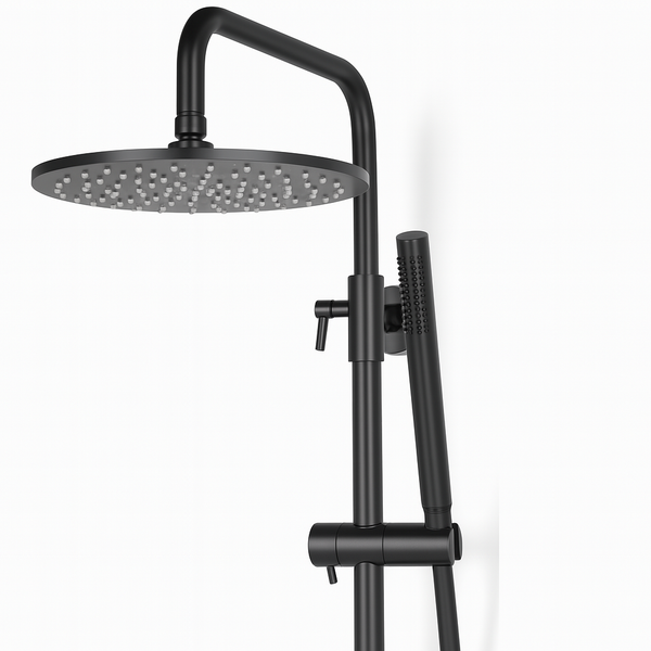 Complete stortdouche set met thermostaatkraan Brondby in gun metal, voorzien van een grote regendouchekop en slanke handdouche.