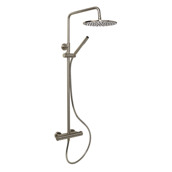 Stortdouche set met thermostaatkraan Brondby in geborsteld nikkel met regendouche, handdouche en slanke afwerking voor moderne badkamers.