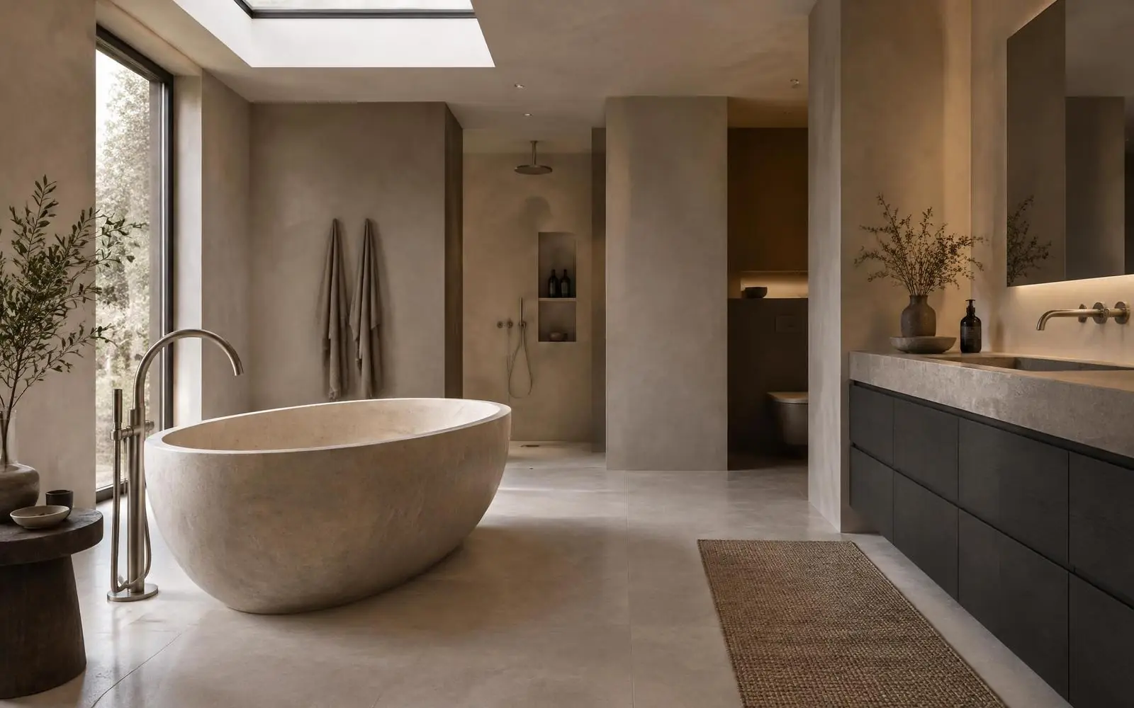 Warme moderne badkamer met vrijstaand bad