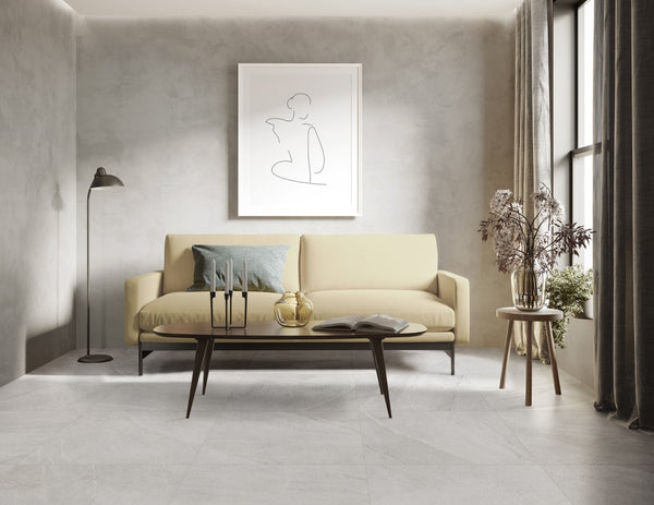 Detail van Burlington Ivory 80x80 keramische tegel, perfect als keramische wandtegel of keukentegel in een modern interieur.
