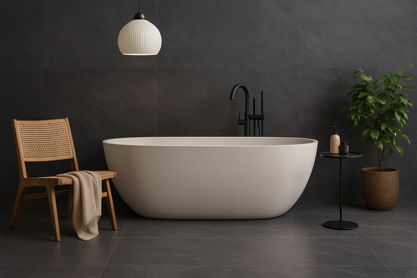 Slab tegel Newstone Dark 100x300 cm verwerkt in een minimalistische woonkamer met een tegel zonder voeg voor een strak en ruimtelijk effect.