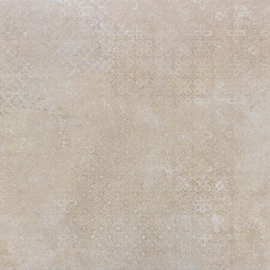 Close-up van keramische tegel Pora Beige Decor met beige-grijs patroon, ideaal als keramische vloertegels in keuken of badkamer.