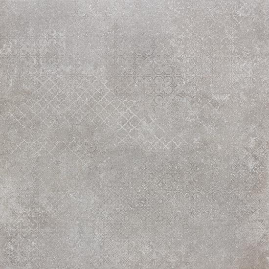 Detail van het matte oppervlak van keramische tegel Pora Grigio Decor met subtiel reliëf, geschikt voor vloerverwarming.