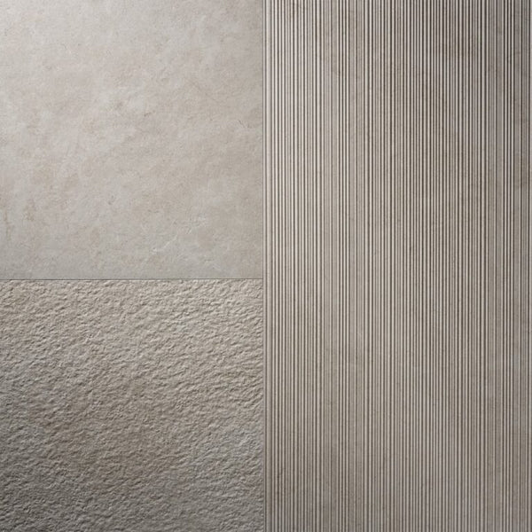 Natuurlijke uitstraling van keramische tegel Regula 2 Naturale ook in decor met R10 antislipwaarde, geschikt voor badkamer en keuken.
