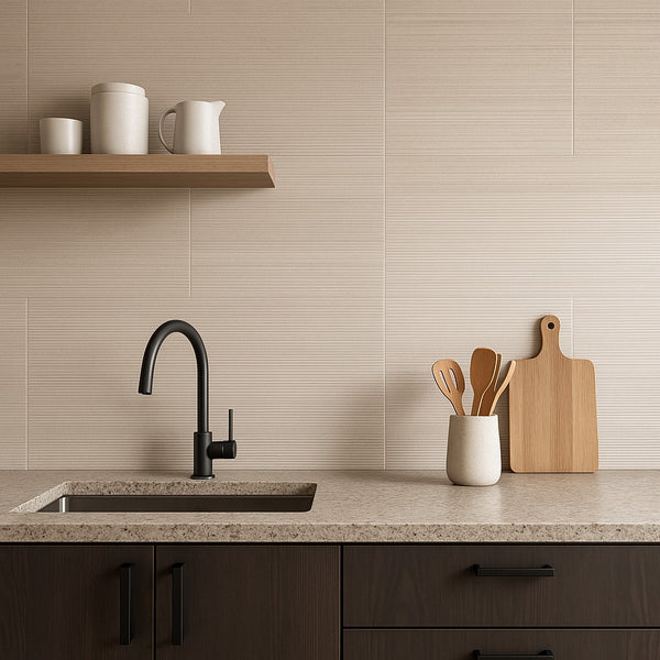 Inspiratiebeeld van keuken tegels Regula 2 Ribbed 60x120, gebruikt als spatwand voor een moderne keukenopstelling.