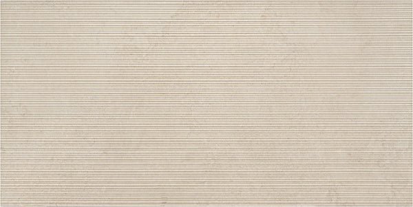 Close-up van de ribbelstructuur van de keramische tegel Regula 2 Ribbed 60x120, perfect voor een luxe wandafwerking.