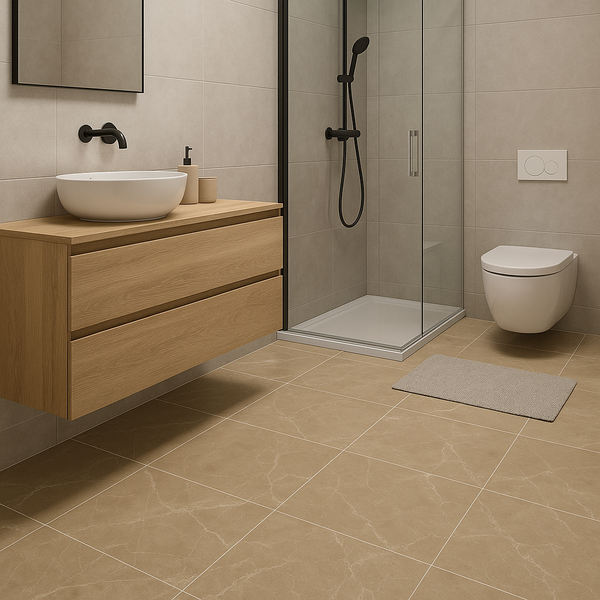 Wand- en vloertegels Tone Tan 60x60 keramisch met antislip afwerking, geplaatst in een moderne badkamer met inloopdouche.