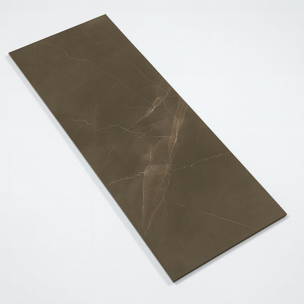 Overzicht van keuken tegels Tone Umber Glans 60x120 met lichtreflectie op de glanslaag