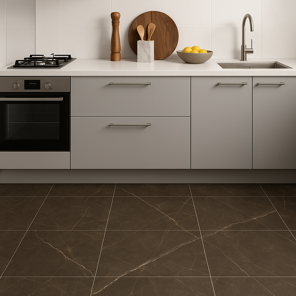 Voorbeeld van keramische tegels Tone Umber als vloertegel in een moderne leefkeuken, onderhoudsvriendelijk en stijlvol.