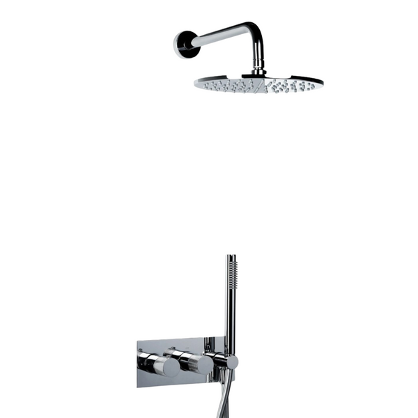 Detailweergave van de regendoucheset Brondby in chroom met thermostaatkraan, staafhanddouche en strakke wandplaat voor inbouwmontage.