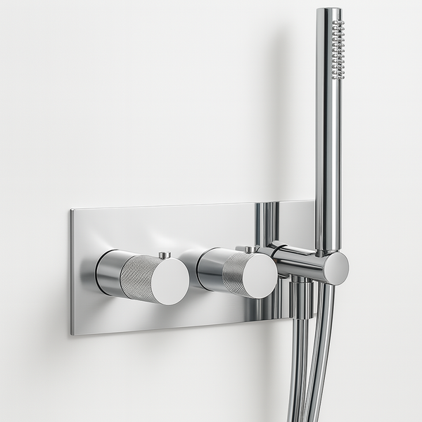 Detail van de geribbelde bedieningsknoppen van de Facet inbouw doucheset thermostaatkraan Brondby in chroom, luxe en gebruiksvriendelijk.