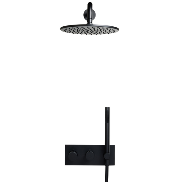 Mat zwarte uitvoering van de Facet stortdouche inbouw doucheset Brondby met ronde regendouche, minimalistisch en stijlvol voor moderne badkamers.