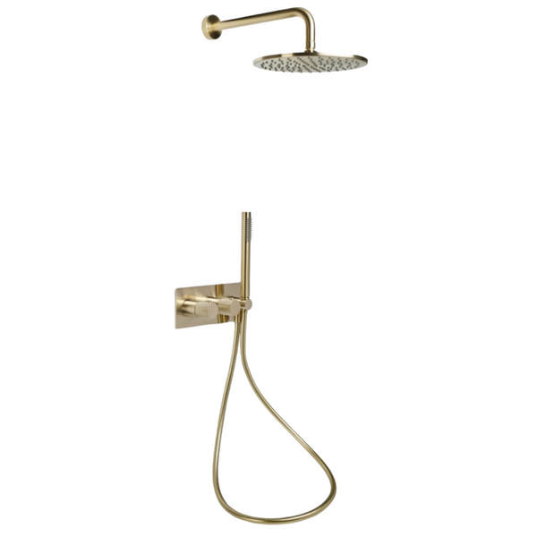 Complete doucheset Brondby in geborsteld goud met ronde regendouche, wandmontage en minimalistisch design – echte blikvanger in je badkamer.