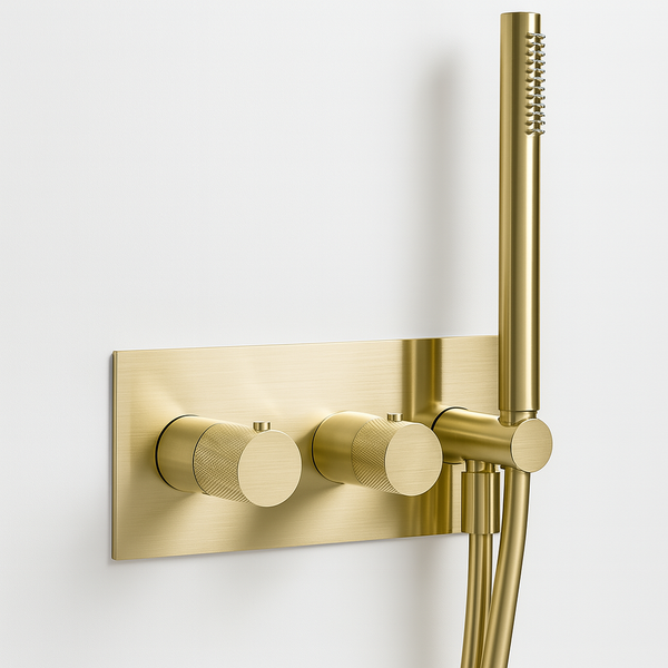 Detail van de geribbelde bedieningsknoppen van de Facet inbouw doucheset thermostaatkraan Brondby in geborsteld goud, luxe en gebruiksvriendelijk.