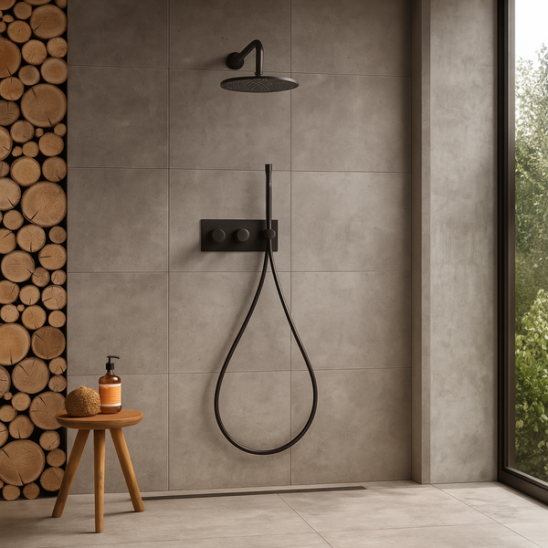 Inbouw doucheset met ronde regendouche en handdouche in gun metal afwerking, gemonteerd op een moderne badkamerwand met grijze tegels en houtaccenten.