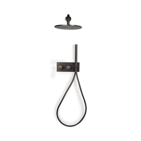 Volledige set van de Facet stortdouche inbouw doucheset thermostaatkraan Brondby in gun metal met slang en wandmontage.