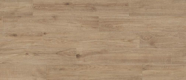 Close-up van keramisch parket Eiken Lin Caldo in formaat 26,5x160 cm met warme eikentint en natuurlijke houtnerfstructuur voor een realistische uitstraling.