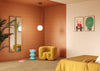 Interieur met warme retro tegels Beat Cinnamon 5x20 als oranje tegeltjes op de wand, geschikt als keramiek wandtegels slaapkamer.