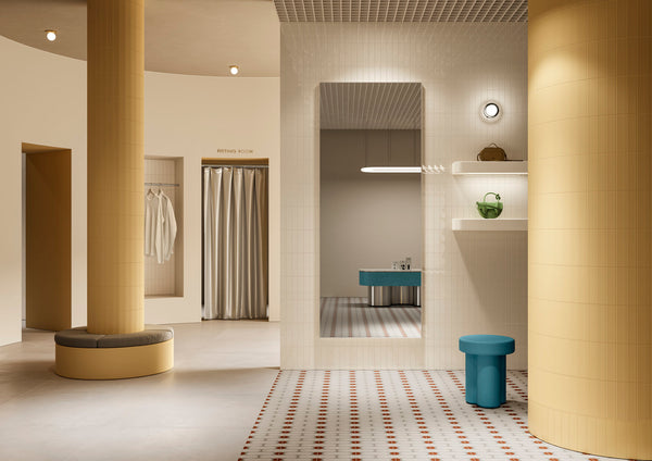 Inspiratiebeeld van een ruimte met retro tegels Beat Lemonade Serie 5x20 als accentwand in een modern interieur.