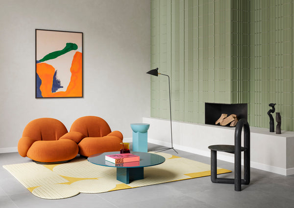 Wand met retro tegels Beat Sage Serie 5x20 in een modern interieur, perfect als licht groen tegels badkamer of woonkameraccent.