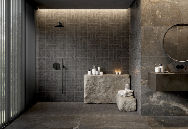 Luxe badkamer met retro tegels Beli Coal 7,5x28 als keramiek wandtegels in antraciet, ideaal voor een moderne en stijlvolle antraciet tegels badkamer.