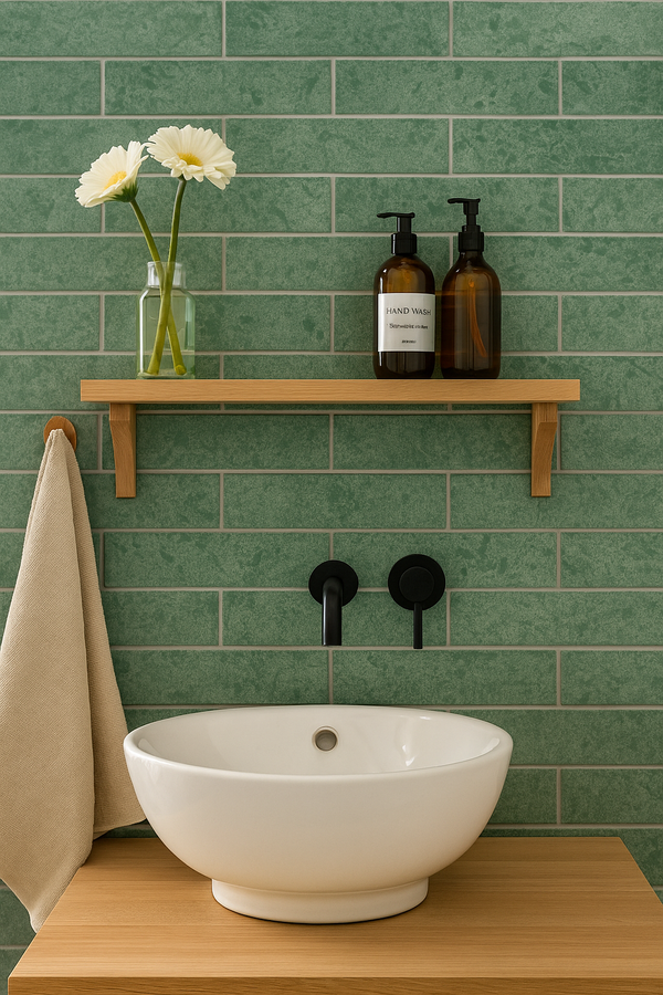 Badkamer met retro tegels Beli Emerald 7,5x28 als keramiek wandtegels jadegroen, een frisse look met jadegroen tegeltjes voor een moderne badkamerstijl.