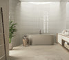  Badkamer met retro tegels Beli Sand 7,5x28 als keramiek wandtegels, stijlvolle beige tegeltjes die een warme, natuurlijke sfeer in de badkamer creëren.