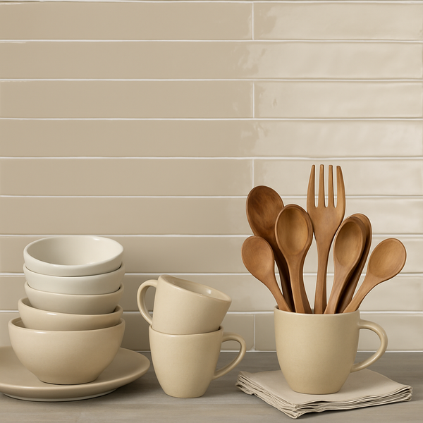 Stijlvolle keuken met retro tegels Linea Sabbia 5x50cm glans als keramiek wandtegels. Beige tegeltjes creëren een warme sfeer, ideaal voor de badkamerwand.