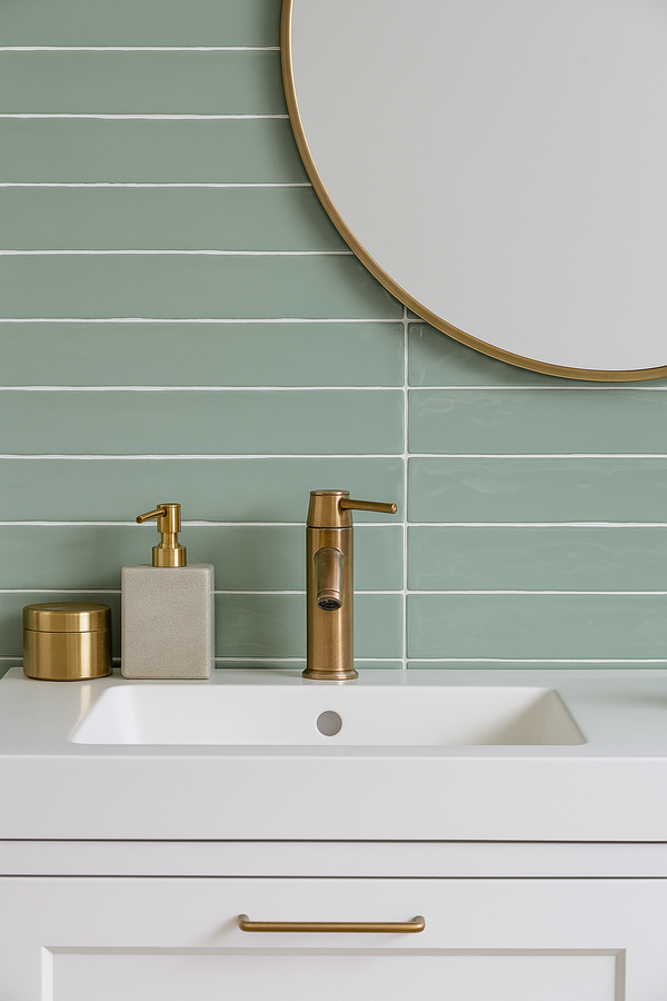 Stijlvolle badkamer met retro tegels Linea Menta Verde glans 5x50cm als keramiek wandtegels in saliegroen tint. Perfect als saliegroen tegels badkamer.