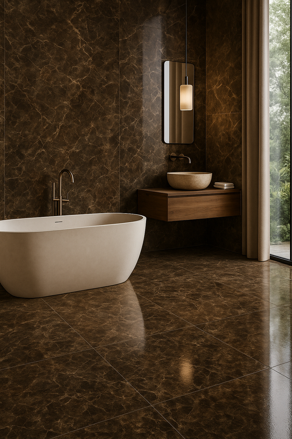 Luxe badkamer met slab tegels Emperador Gepolijst op wand en vloer als tegel zonder voeg, in een strak en elegant totaalontwerp.