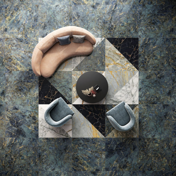 Loungehoek met slab tegels Signoria Labradorite Polish en marmerlook slabs in geometrisch patroon, perfect voor design interieurs en open ruimtes.