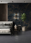 Slab tegels Supernova Blue Brown Gepolijst in een slaapkamer met moderne inrichting, gepolijst en perfect als tegel zonder voeg.