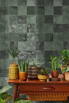 Zellige tegels Class Zellige Verde Oscuro 10x10 cm als groene wandtegel met glanzende afwerking achter houten tafel met retro plantenpotten